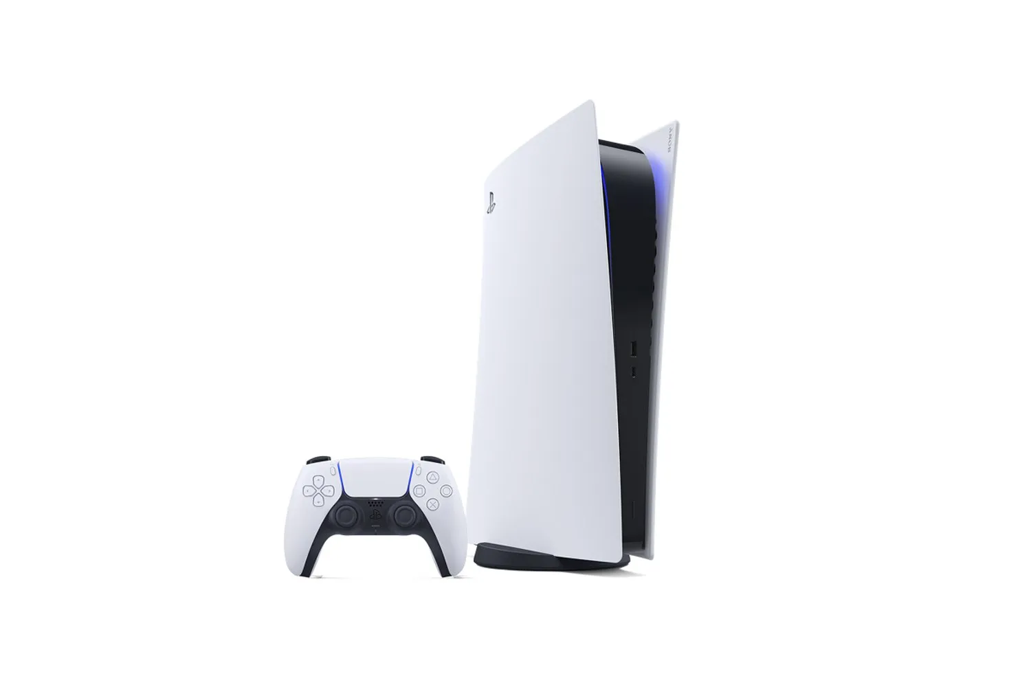 A white PlayStation 5 Digital Edition console standing upright beside a DualSense controller.
