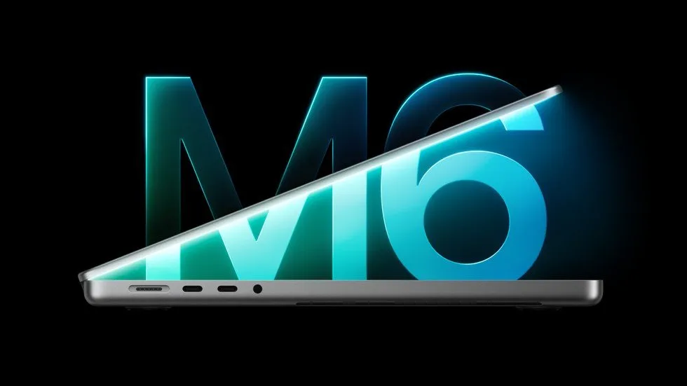 A side view of the new 14-inch MacBook Pro, partly open, in front of large glowing M6 lettering.